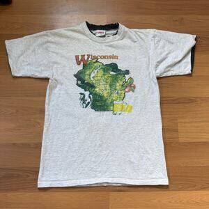 Vintage 90's Wisconsin State Fishing Beer Cows America Gray Tee Shirt Sz Large